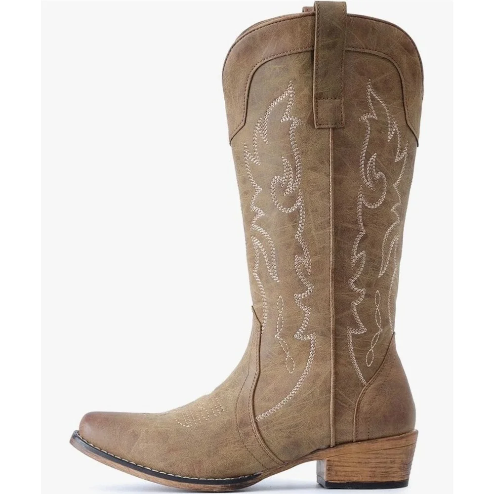 IUV Women's Western Cowboy Boots Taupe Embroidered Mid Calf Block Heel US 8